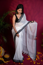Thumbnail for khanduapata White and Black Colour Plain Cotton Saree For Women