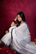 Thumbnail for khanduapata White and Black Colour Plain Cotton Saree For Women