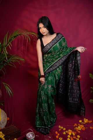 khanduapata Black & Green Colour Doll Design Cotton Saree For Women