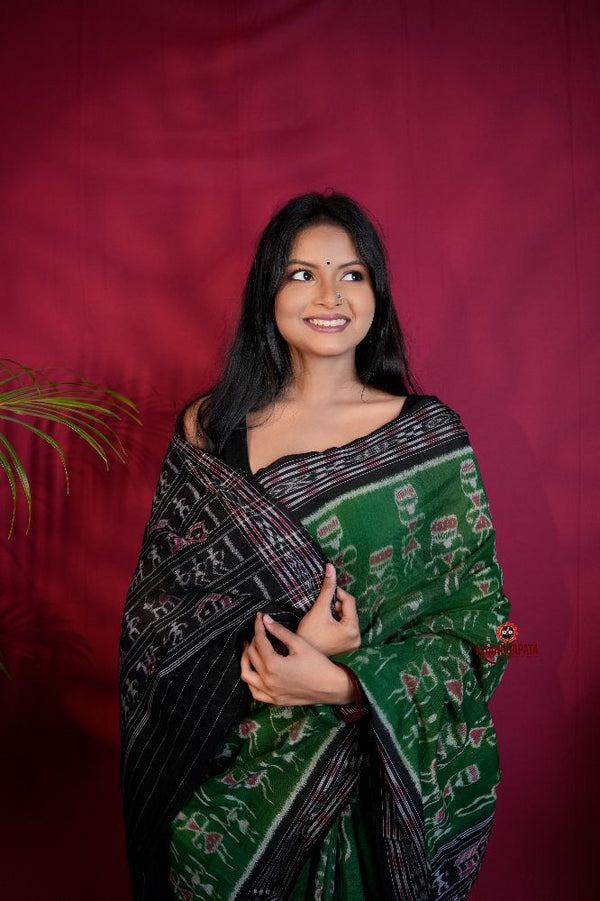 khanduapata Black & Green Colour Doll Design Cotton Saree For Women