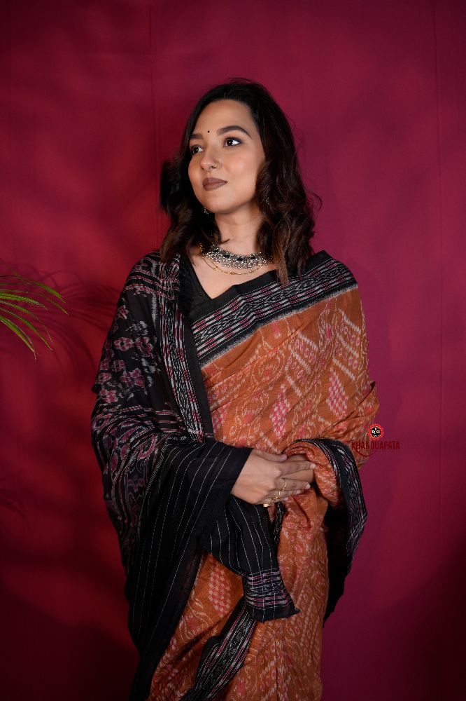 khanduapata Brown & Black Colour Body Design Cotton Saree For Women