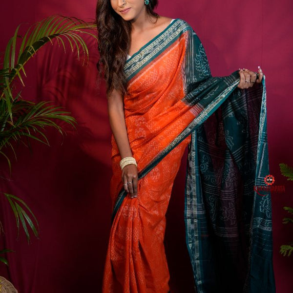 khanduapata Orange & Teal Colour Body Design Cotton Saree For Women - Distacart