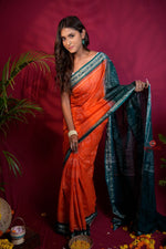 Thumbnail for khanduapata Orange & Teal Colour Body Design Cotton Saree For Women