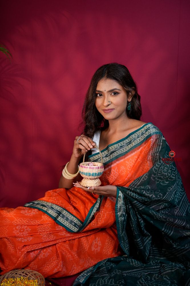 khanduapata Orange & Teal Colour Body Design Cotton Saree For Women