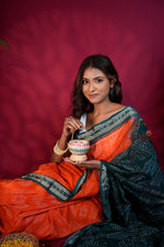 Thumbnail for khanduapata Orange & Teal Colour Body Design Cotton Saree For Women