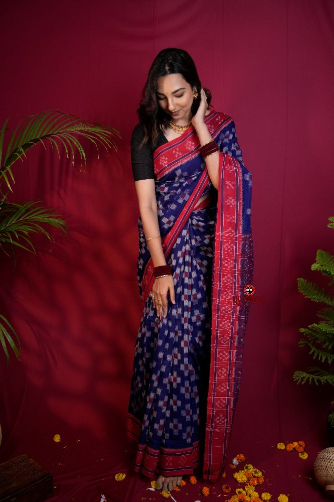 khanduapata Red & Blue Colour Pasapali Border Body Design Cotton Saree For Women