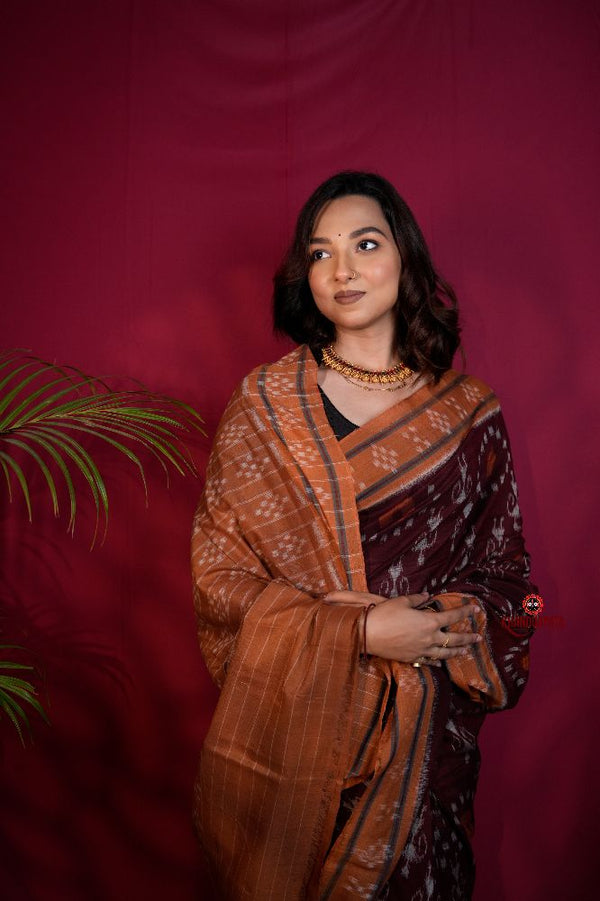 khanduapata Maroon & Orange Colour Pasapali Border Body Design Cotton Saree For Women