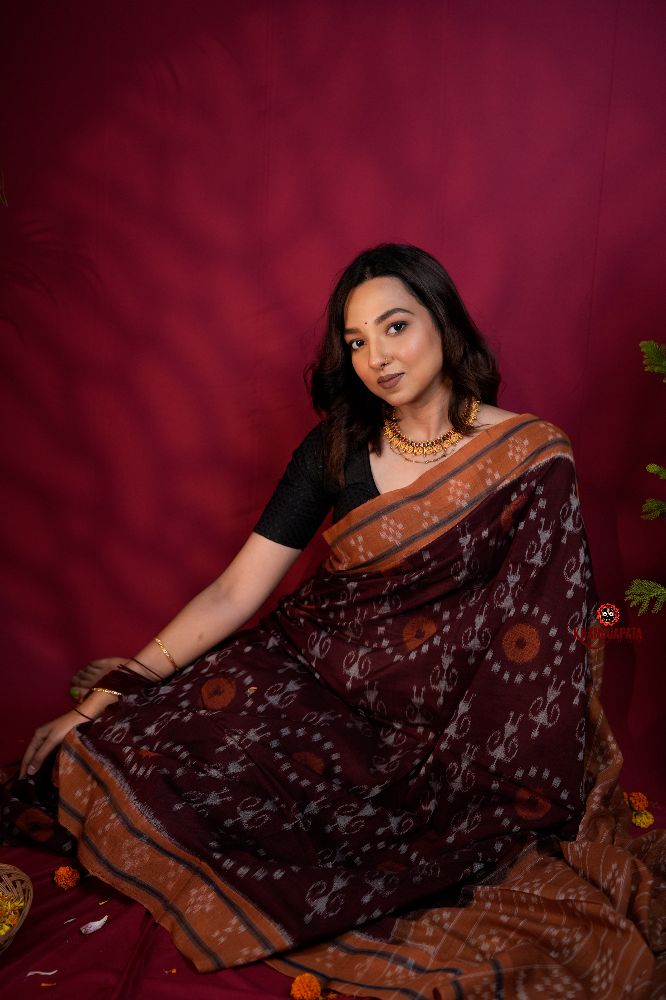 khanduapata Maroon & Orange Colour Pasapali Border Body Design Cotton Saree For Women
