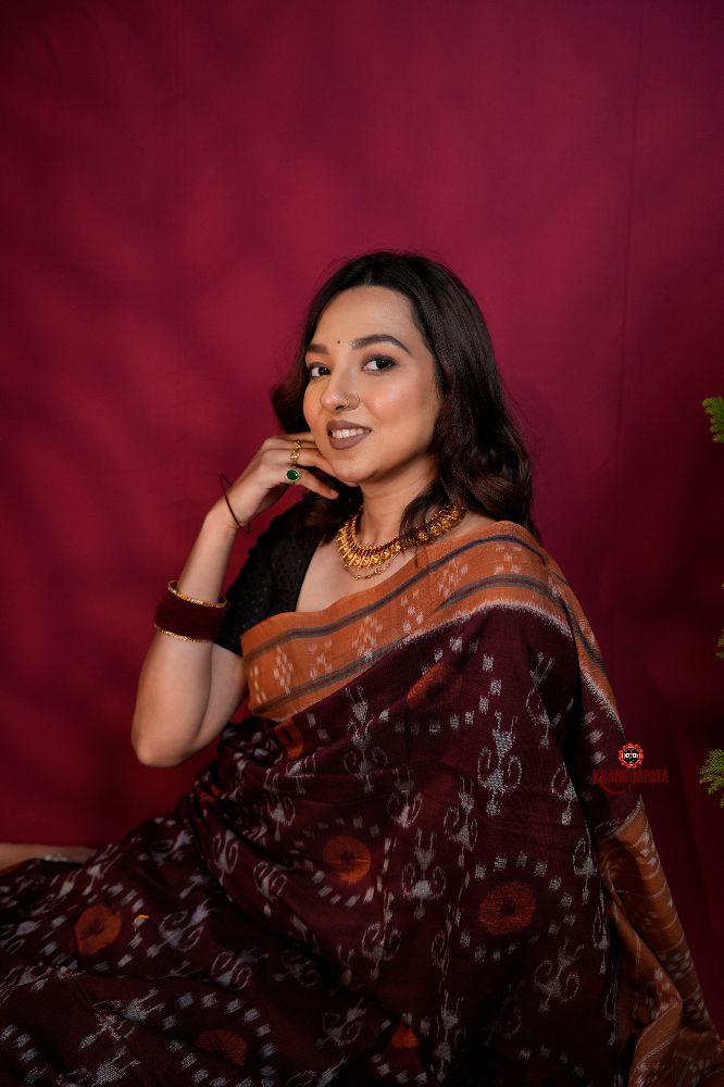 khanduapata Maroon & Orange Colour Pasapali Border Body Design Cotton Saree For Women
