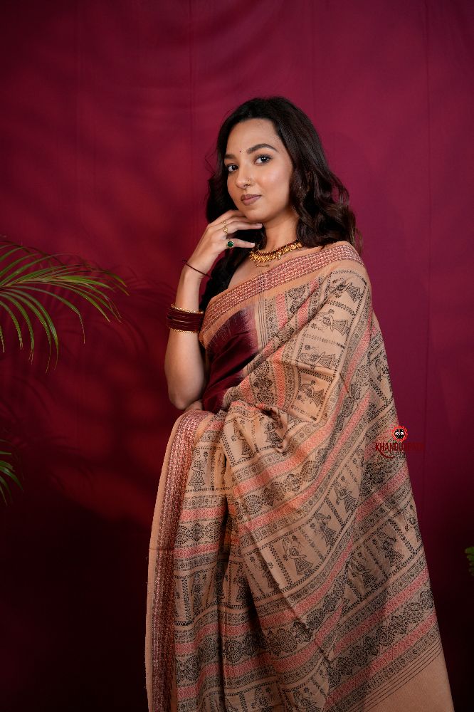 khanduapata Maroon & Beige Colour Doll Design Cotton Saree For Women