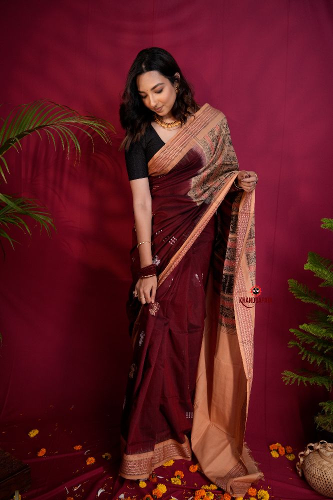 khanduapata Maroon & Beige Colour Doll Design Cotton Saree For Women