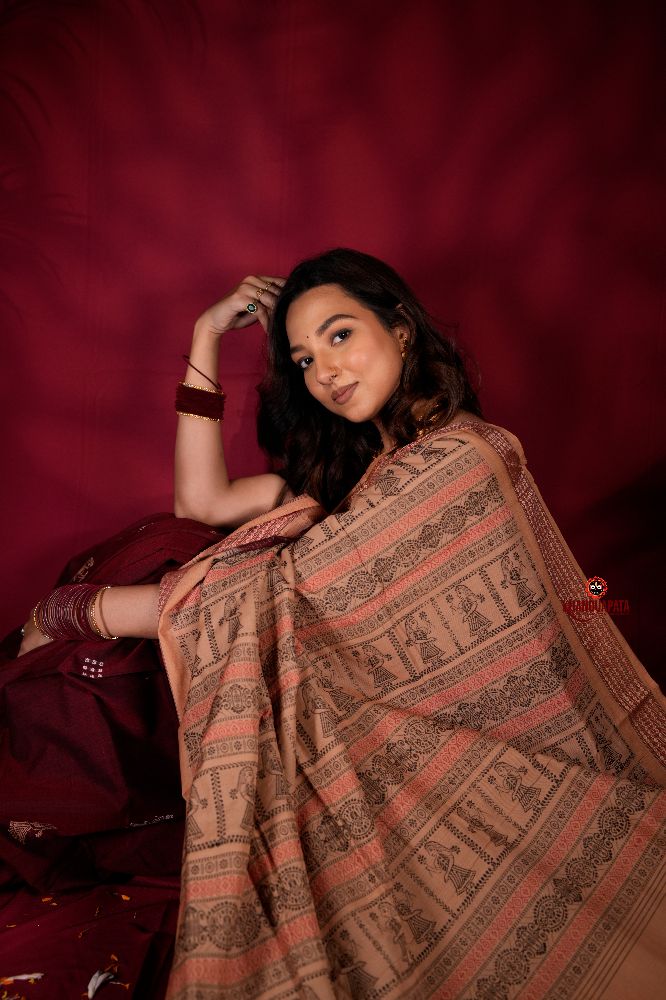 khanduapata Maroon & Beige Colour Doll Design Cotton Saree For Women