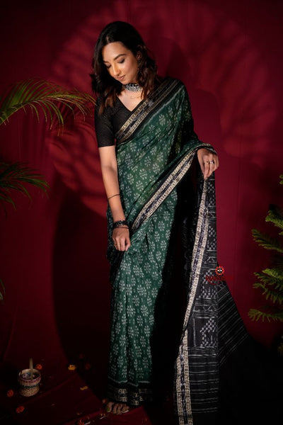 khanduapata Green & Black Colour Flower Design Cotton Saree For Women