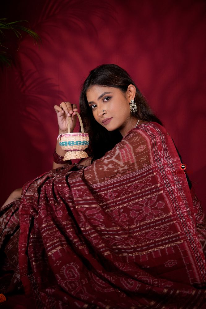 khanduapata Brown & Red Colour Body Design Cotton Saree For Women