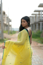 Thumbnail for khanduapata Yellow and Green Leaf Pattern Cotton Saree For Women