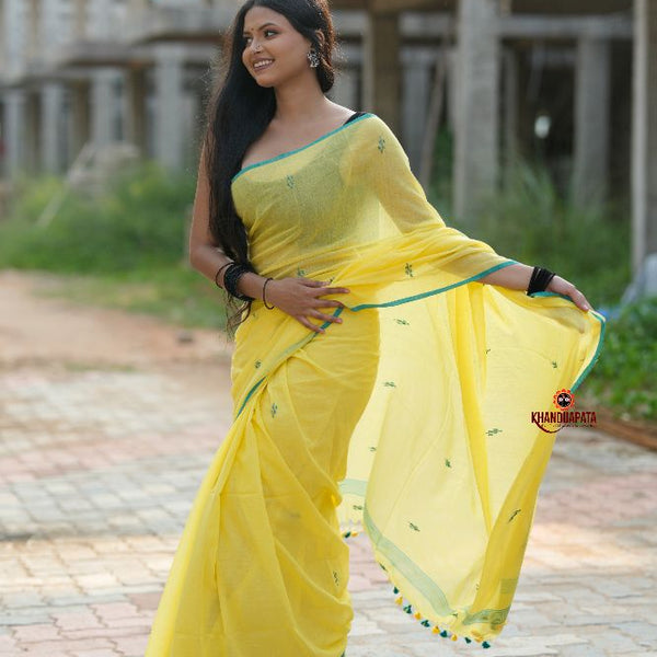 khanduapata Yellow and Green Leaf Pattern Cotton Saree For Women - Distacart