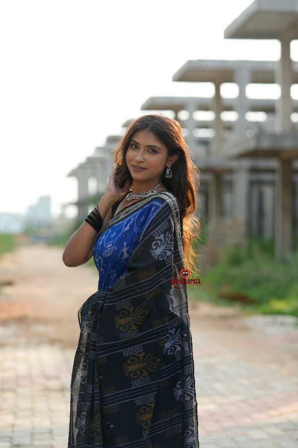 khanduapata Blue & Black Colour Doll Design Cotton Saree For Women