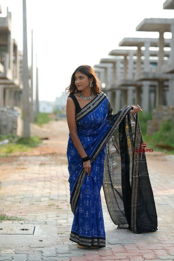 khanduapata Blue & Black Colour Doll Design Cotton Saree For Women