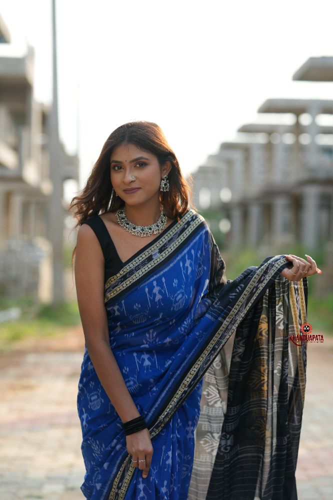 khanduapata Blue & Black Colour Doll Design Cotton Saree For Women