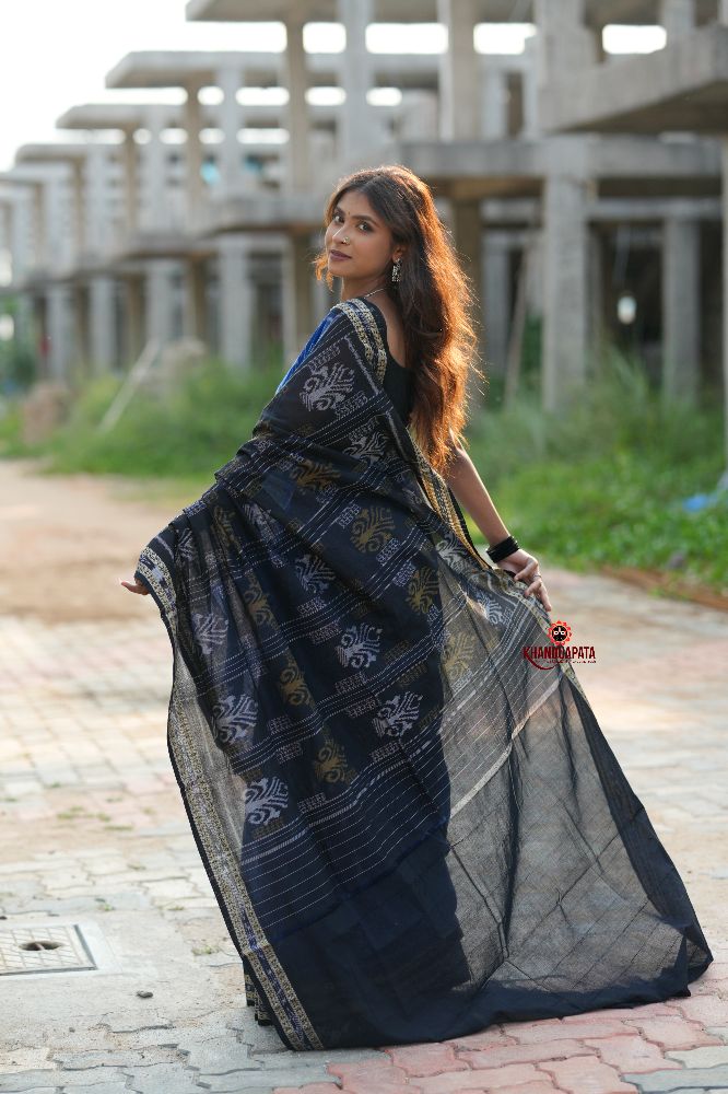 khanduapata Blue & Black Colour Doll Design Cotton Saree For Women