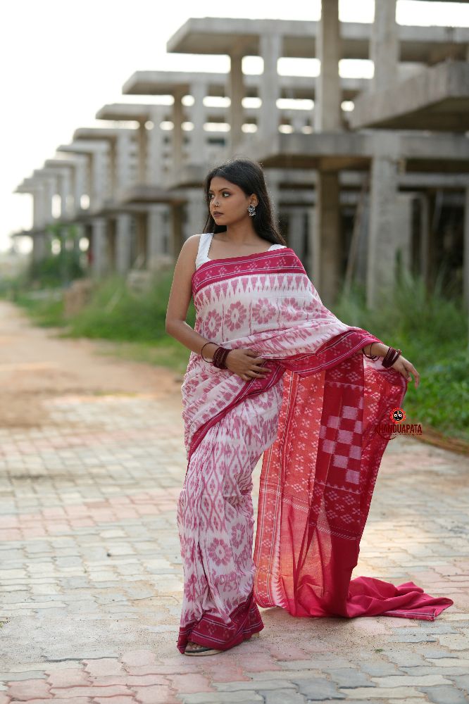 khanduapata Red & White Border Pasapali Design Cotton Saree For Women
