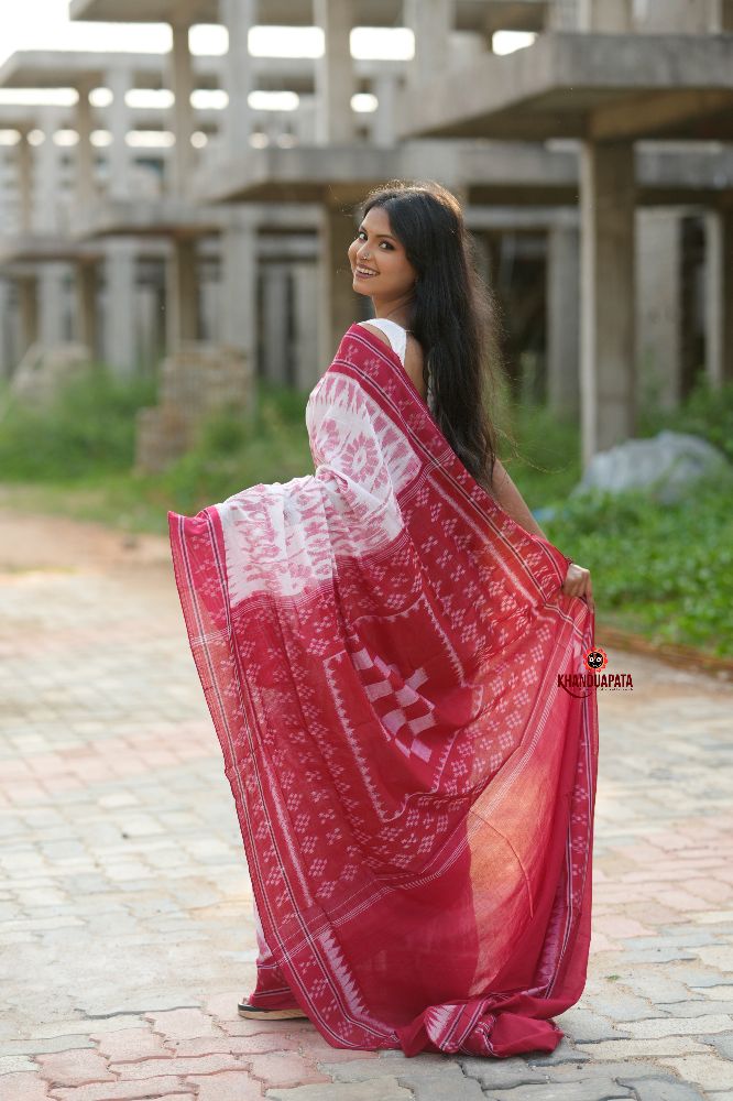 khanduapata Red & White Border Pasapali Design Cotton Saree For Women