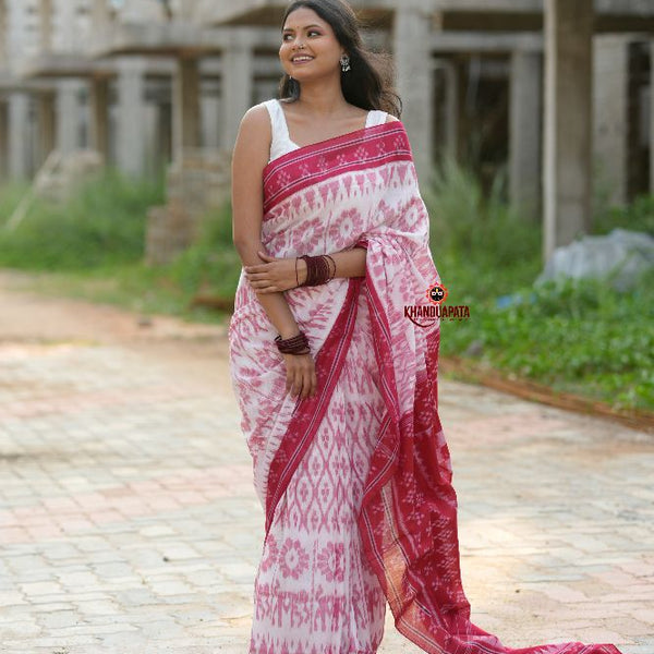 khanduapata Red & White Border Pasapali Design Cotton Saree For Women - Distacart