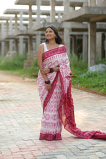 Thumbnail for khanduapata Red & White Border Pasapali Design Cotton Saree For Women