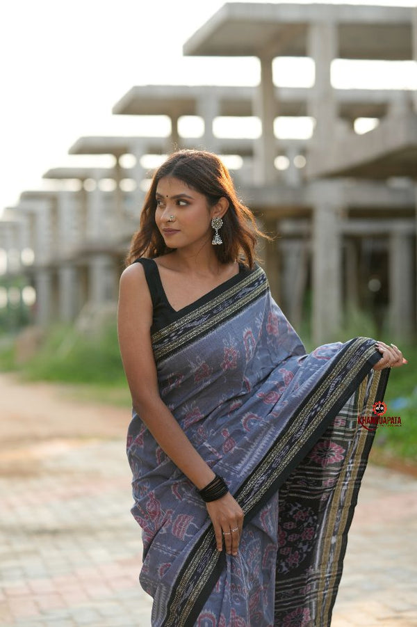 khanduapata Black & Grey Body Design Cotton Saree For Women