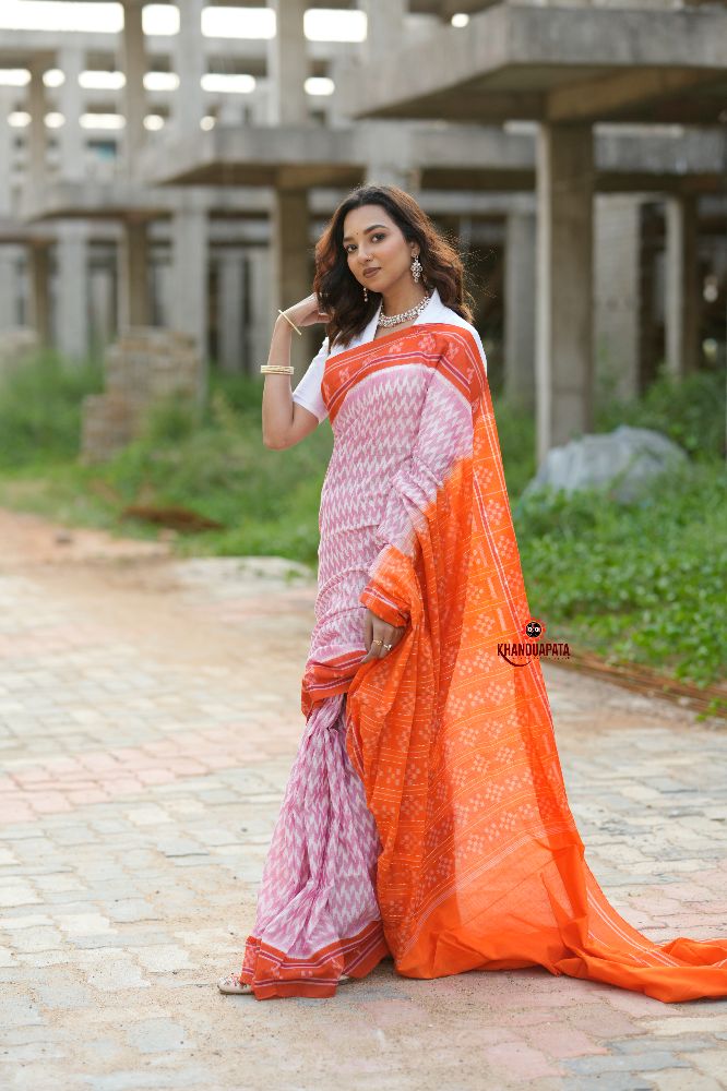 khanduapata Orange & Pink Border Pasapali Design Cotton Saree For Women