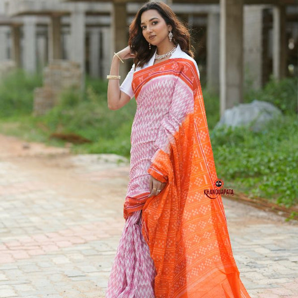 khanduapata Orange & Pink Border Pasapali Design Cotton Saree For Women - Distacart