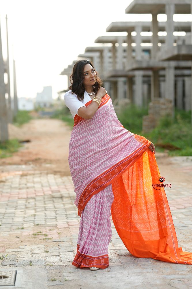khanduapata Orange & Pink Border Pasapali Design Cotton Saree For Women