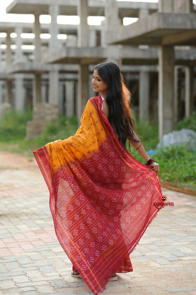 khanduapata Red & Yellow Doll Design Cotton Saree For Women