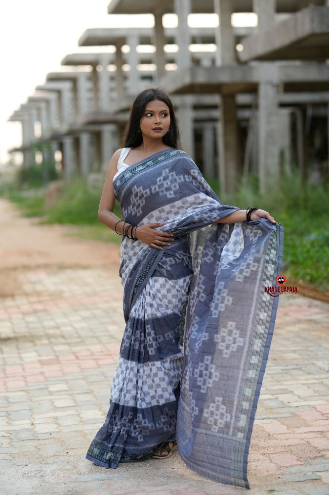 khanduapata Grey & White Body Design Cotton Saree For Women