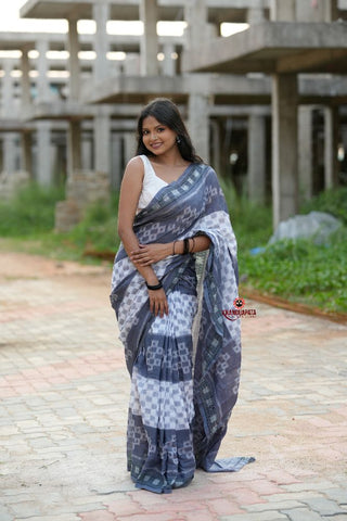 khanduapata Grey & White Body Design Cotton Saree For Women