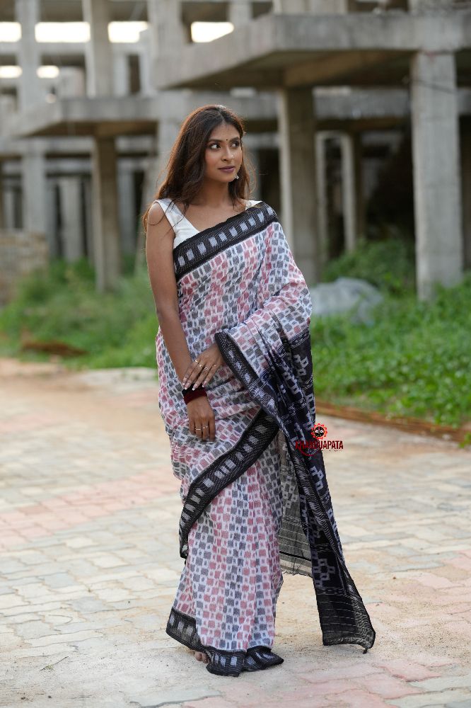 khanduapata White & Black Multi Colour Box Design Cotton Saree For Women