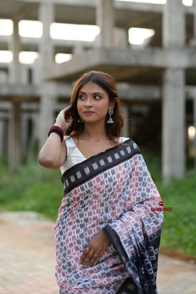 khanduapata White & Black Multi Colour Box Design Cotton Saree For Women