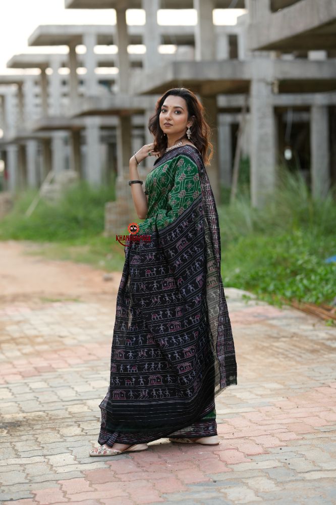 khanduapata Black & Green Body Design Cotton Saree For Women