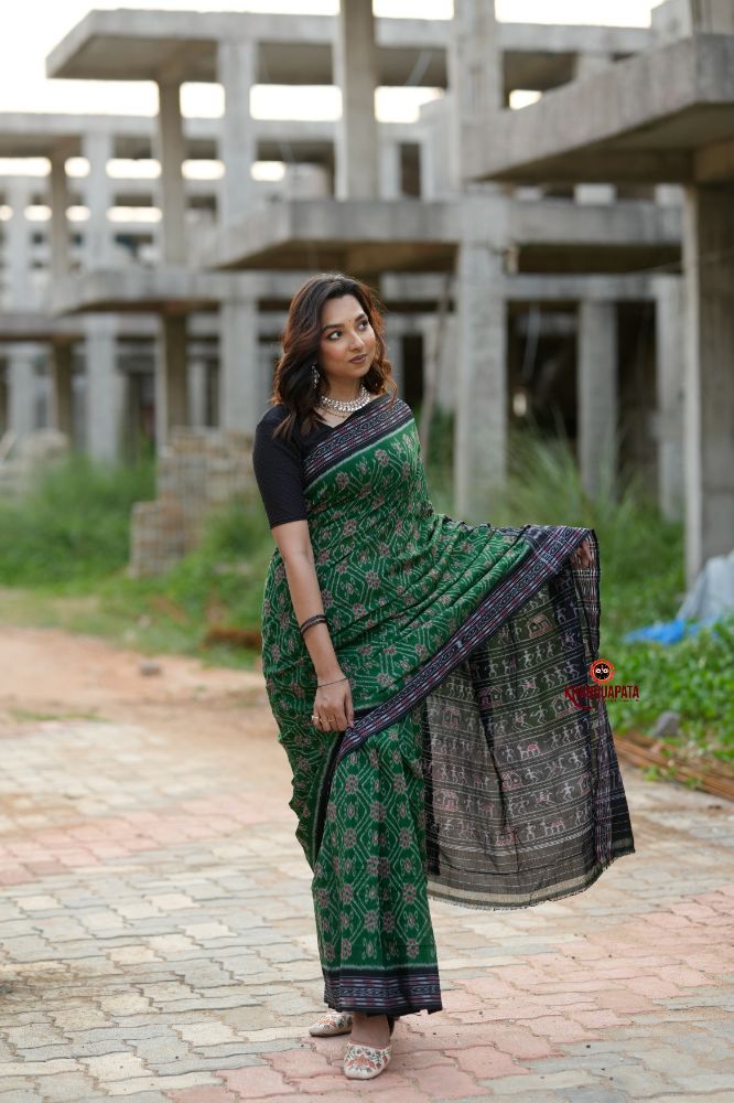 khanduapata Black & Green Body Design Cotton Saree For Women