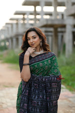 Thumbnail for khanduapata Black & Green Body Design Cotton Saree For Women