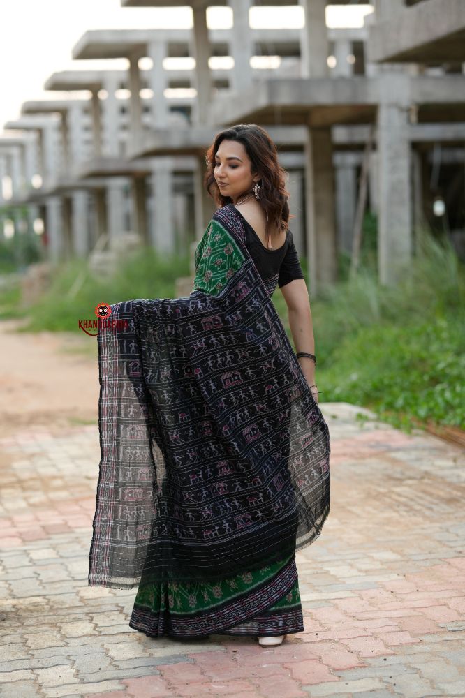 khanduapata Black & Green Body Design Cotton Saree For Women