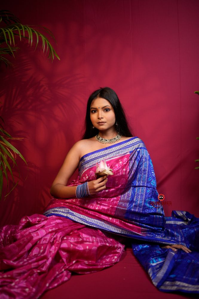 khanduapata Blue & Red Tribal Design Silk Saree For Women