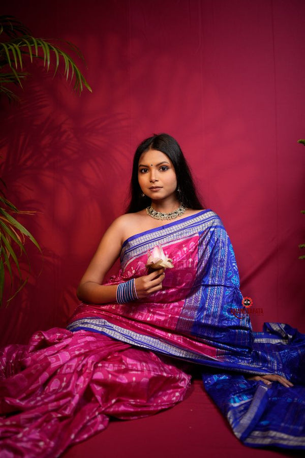 khanduapata Blue & Red Tribal Design Silk Saree For Women