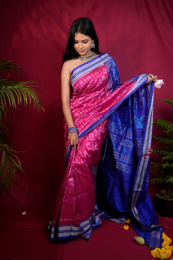 khanduapata Blue & Red Tribal Design Silk Saree For Women