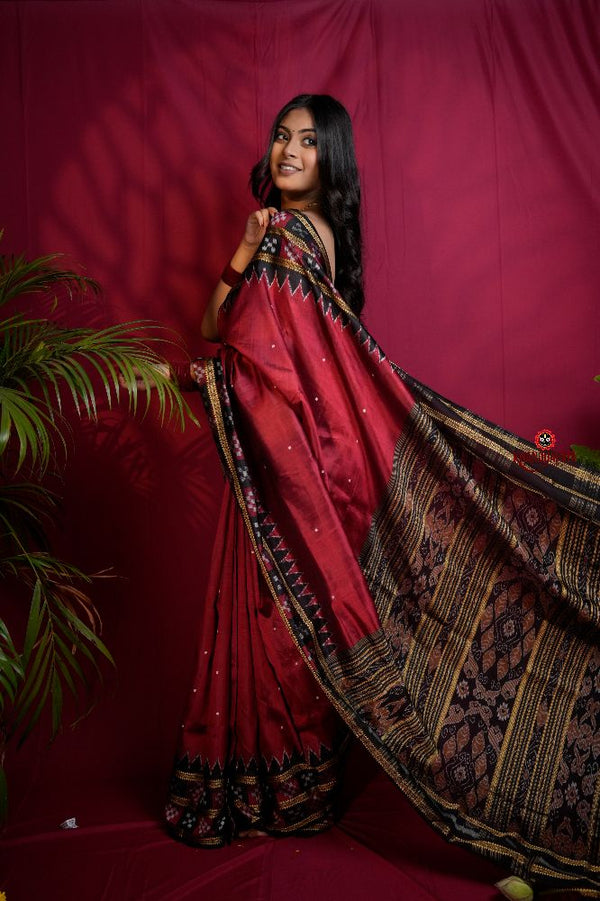 khanduapata Black & Maroon Colour Double Border Dot Design Silk Saree For Women