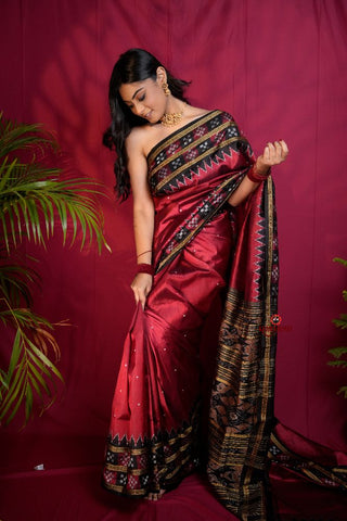 khanduapata Black & Maroon Colour Double Border Dot Design Silk Saree For Women
