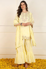 Thumbnail for Ahika Yellow Silk Blend Embroidered Straight Suit Set - Distacart