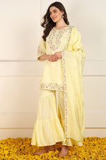 Thumbnail for Ahika Yellow Silk Blend Embroidered Straight Suit Set - Distacart