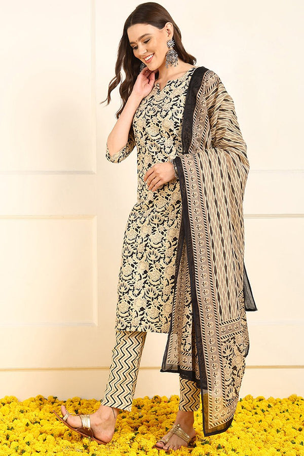 Ahika Cream & Black Pure Cotton Floral Printed Straight Suit Set