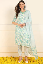 Thumbnail for Ahika White Pure Cotton Floral Printed Straight Suit Set